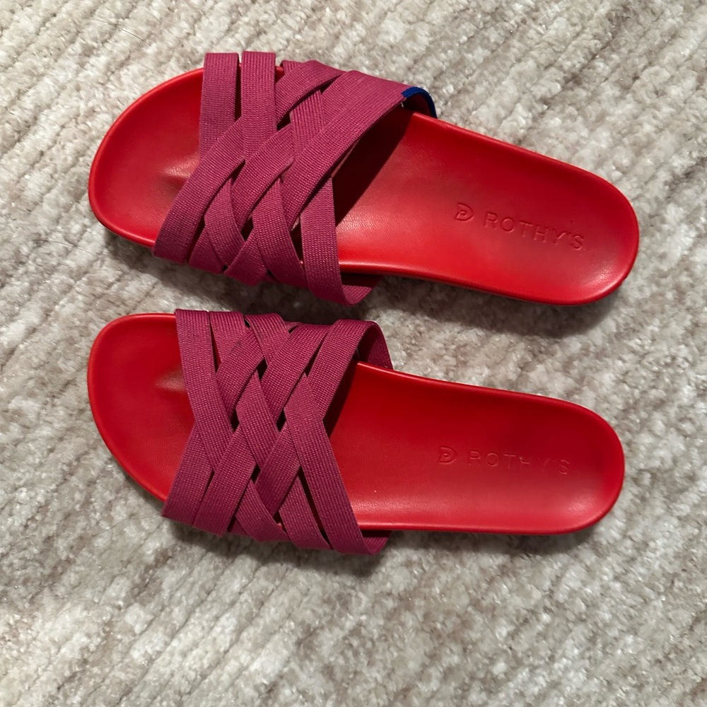 Rothy’s Red Pink Criss Cross Slide Sandals Size 6 Comfortable Summer - Picture 3 of 5